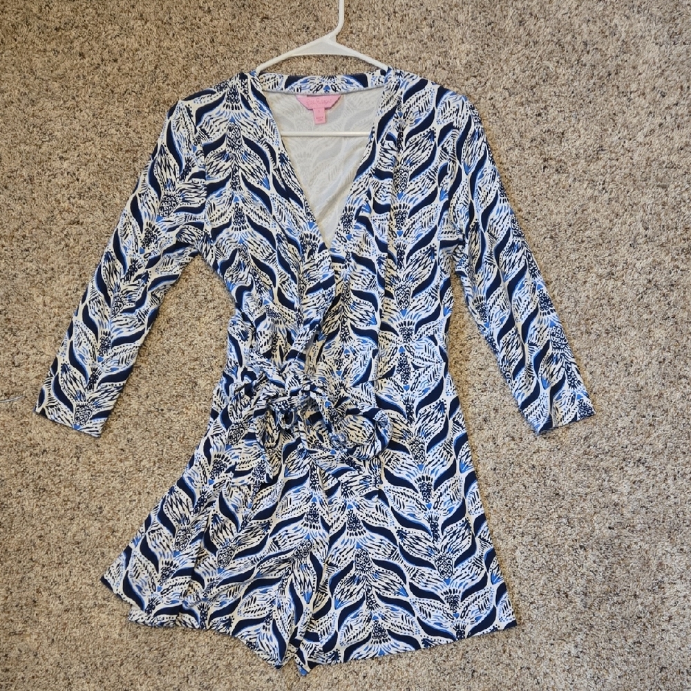 Blue and White Leaf Print Romper